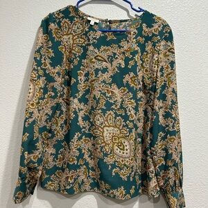 Talbots Women Green & Gold Paisley Long Sleeve Round Neck Blouse SP